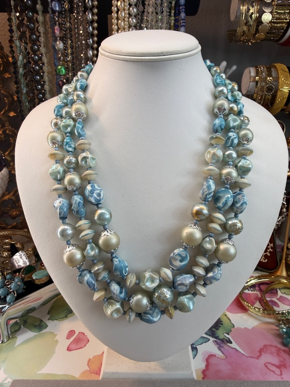 Vintage Japan Seafoam Blue Multi-Strand Lucite Beaded Necklace